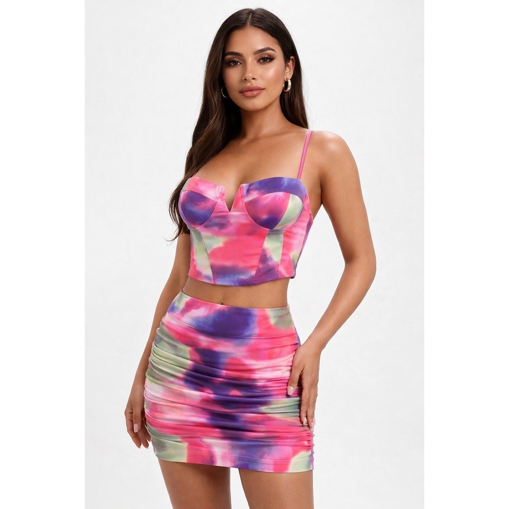 Micas Pink Tie Dye 2 Piece Set Corset Crop Top and Ruched Mini Skirt Outfit L